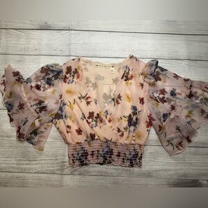 Chelsea & Violet Lined, Floral Pink Cropped Blouse - Size Small